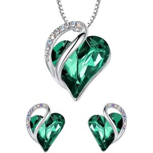 Leafael Infinity Love Heart Necklace and Stud Earrings for Women, May Birthstone Crystal Jewelry, Silver Tone Bundle Gifts for Women, Emerald Green