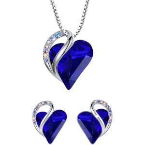Leafael Infinity Love Heart Necklace and Stud Earrings for Women, September Birthstone Crystal Jewelry, Silver Tone Bundle Gifts for Women, Sapphire Blue