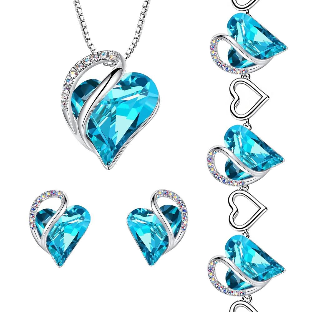 imageLeafael Valentines Day Gift Necklaces Set for Women Infinity Love Birthstone Heart Pendant with Matching Earrings and Bracelet Aquamarine Blue Crystal for December for Mom and Wife Silver Plated
