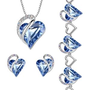 Leafael Gift Necklaces Set for Women, Infinity Love Birthstone Heart Pendant with Matching Earrings and Bracelet, Light Sapphire Blue Crystal for March December, for Mom and Wife, Silver Plated