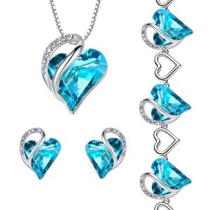 Leafael Valentine’s Day Gift Necklaces Set for Women, Infinity Love Birthstone Heart Pendant with Matching Earrings and Bracelet, Aquamarine Blue Crystal for December, for Mom and Wife, Silver Plated