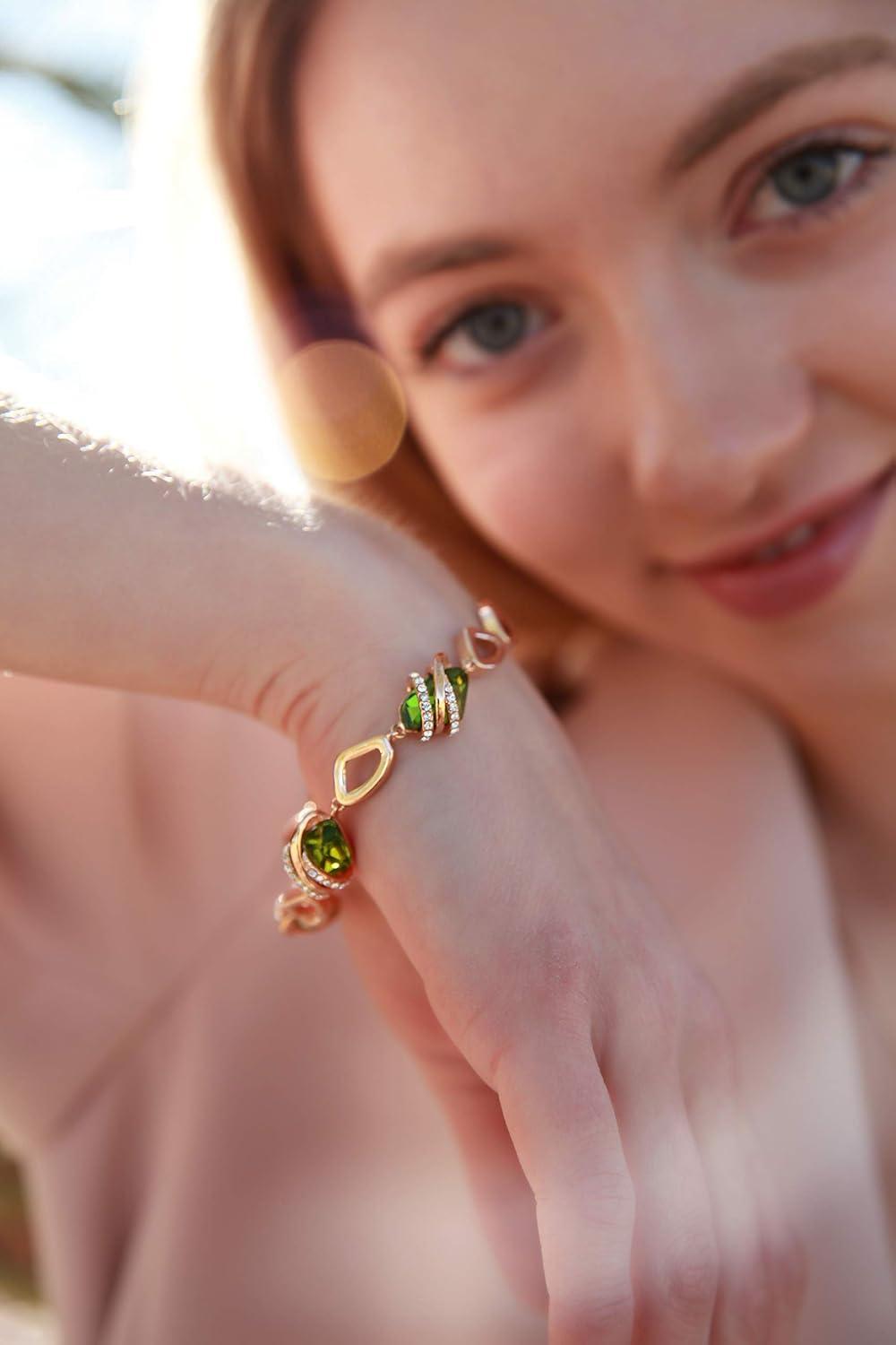 imageLeafael Wish Stone Link Charm Bracelet with Birthstone Crystals Rose Gold Plated or Silvertone 72108AugustPeridot GreenRose Gold Plated