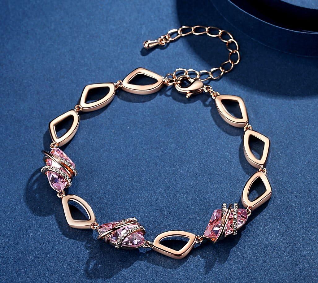 imageLeafael Wish Stone Link Charm Bracelet with Birthstone Crystals Rose Gold Plated or Silvertone 72110OctoberVintage PinkRose Gold Plated
