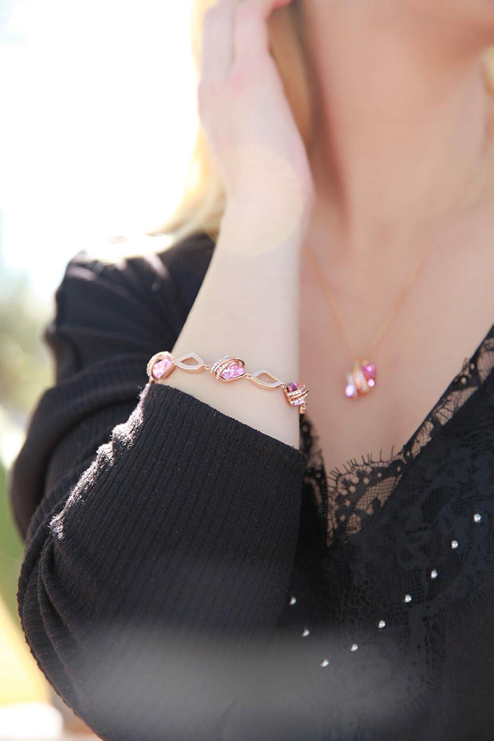 imageLeafael Wish Stone Link Charm Bracelet with Birthstone Crystals Rose Gold Plated or Silvertone 72110OctoberVintage PinkRose Gold Plated