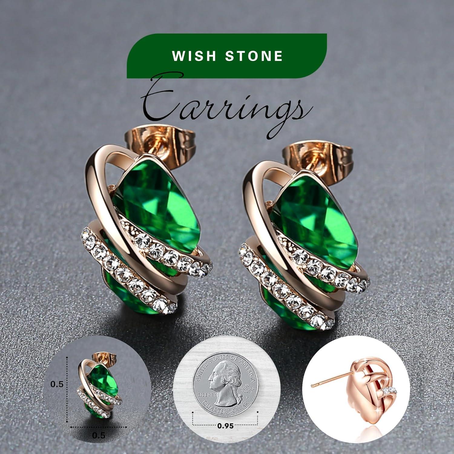 imageLeafael Wish Stone Stud Earrings with Birthstone Crystals 18K Rose Gold Plated or Silvertone105May BirthstoneEmerald GreenRose Gold Plated