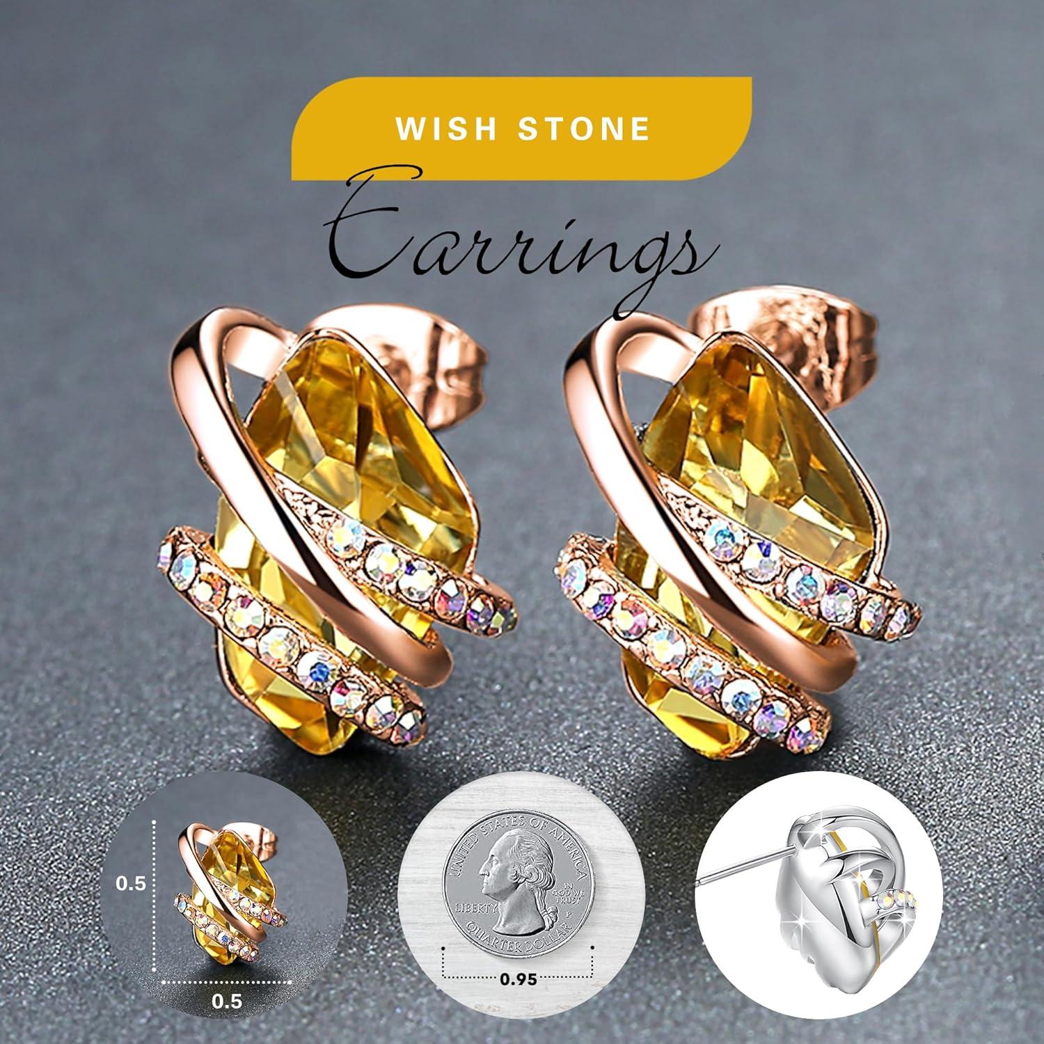 imageLeafael Wish Stone Stud Earrings with Birthstone Crystals 18K Rose Gold Plated or Silvertone111NovemberCitrine YellowRose Gold Plated