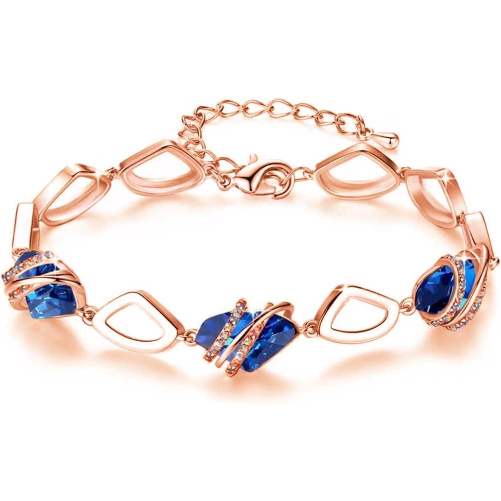 imageLeafael Wish Stone Link Charm Bracelet with Birthstone Crystals Rose Gold Plated or Silvertone 72209September CrystalSapphire BlueRose Gold Plated
