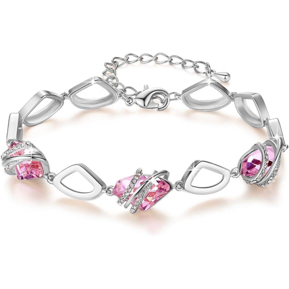 imageLeafael Wish Stone Link Charm Bracelet with Birthstone Crystals Rose Gold Plated or Silvertone 72210October CrystalVintage PinkSilvertone