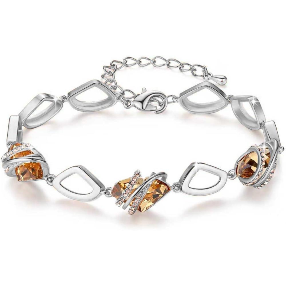 imageLeafael Wish Stone Link Charm Bracelet with Birthstone Crystals Rose Gold Plated or Silvertone 72211November CrystalTopaz Amber BrownRose Gold Plated