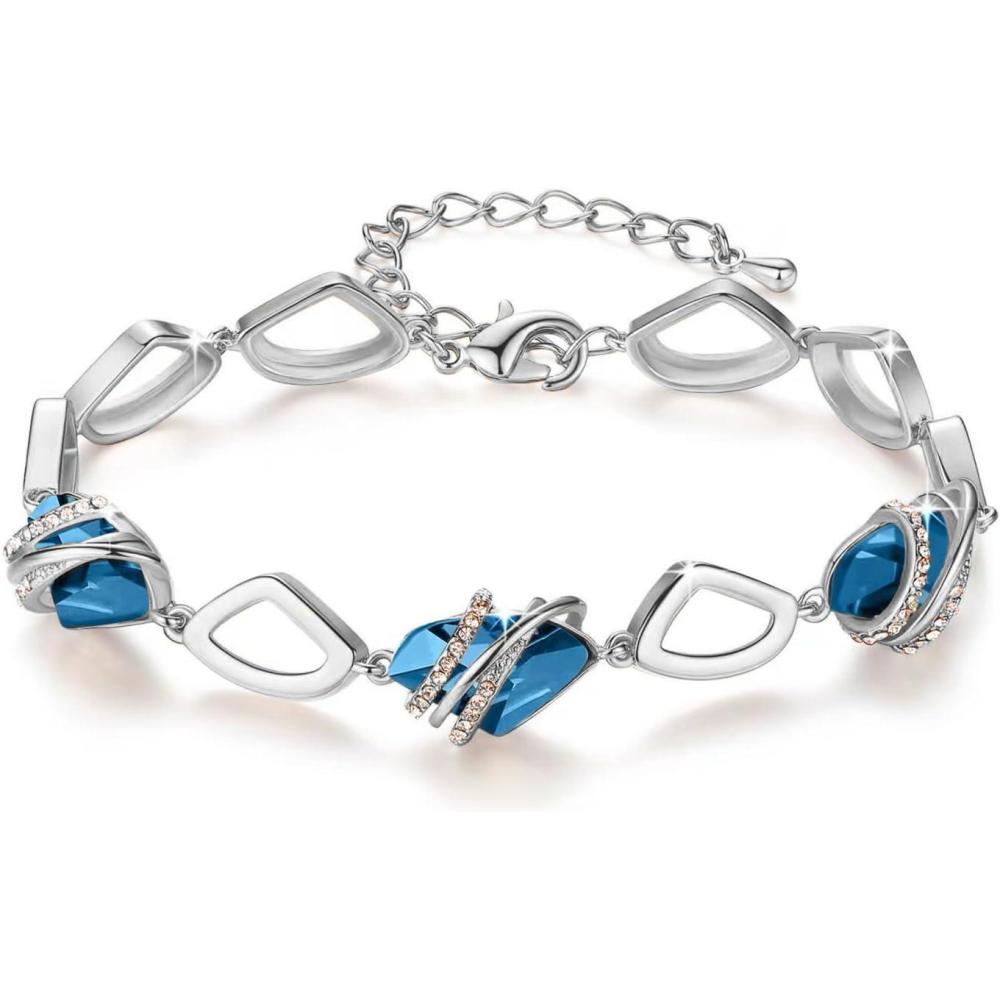 imageLeafael Wish Stone Link Charm Bracelet with Birthstone Crystals Rose Gold Plated or Silvertone 72212December Zircon BlueRose Gold Plated