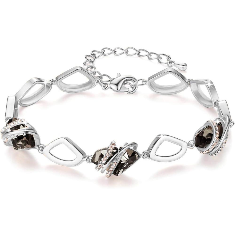 imageLeafael Wish Stone Link Charm Bracelet with Birthstone Crystals Rose Gold Plated or Silvertone 72212Silver Black CrystalSilvertone
