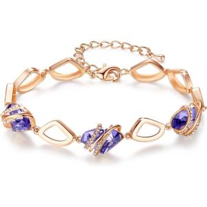 Leafael Wish Stone Link Charm Bracelet with Birthstone Crystals, Rose Gold Plated or Silver-tone, 7″+2″(102-February-Tanzanite Purple-Rose Gold Plated)