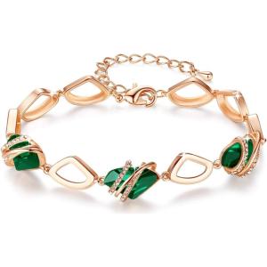 Leafael Wish Stone Link Charm Bracelet with Birthstone Crystals, Rose Gold Plated or Silver-tone, 7″+2″(105-May-Emerald Green-Rose Gold Plated)
