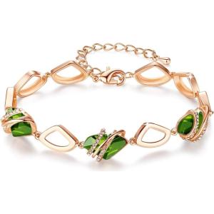 Leafael Wish Stone Link Charm Bracelet with Birthstone Crystals, Rose Gold Plated or Silver-tone, 7″+2″(108-August-Peridot Green-Rose Gold Plated)