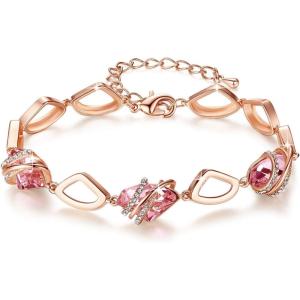 Leafael Wish Stone Link Charm Bracelet with Birthstone Crystals, Rose Gold Plated or Silver-tone, 7″+2″(110-October-Vintage Pink-Rose Gold Plated)