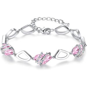 Leafael Wish Stone Link Charm Bracelet with Birthstone Crystals, Rose Gold Plated or Silver-tone, 7″+2″(110b-October-Light Rosaline Pink-Silvertone)