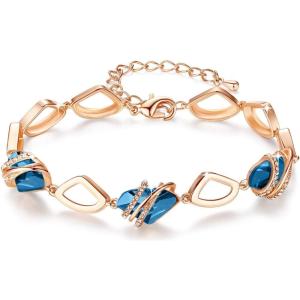 Leafael Wish Stone Link Charm Bracelet with Birthstone Crystals, Rose Gold Plated or Silver-tone, 7″+2″(112-December-Zircon Blue-Rose Gold Plated)
