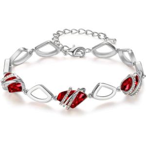 Leafael Wish Stone Link Charm Bracelet with Birthstone Crystals, Rose Gold Plated or Silver-tone, 7″+2″(201-January July Crystal-Ruby Red-Silvertone)