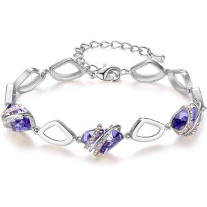 Leafael Wish Stone Link Charm Bracelet with Birthstone Crystals, Rose Gold Plated or Silver-tone, 7″+2″(202-February Crystal-Tanzanite Purple-Silvertone)