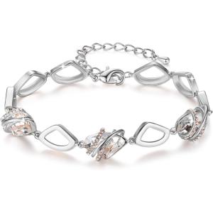 Leafael Wish Stone Link Charm Bracelet with Birthstone Crystals, Rose Gold Plated or Silver-tone, 7″+2″(204-April Crystal-Clear White-Silvertone)