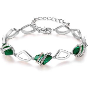Leafael Wish Stone Link Charm Bracelet with Birthstone Crystals, Rose Gold Plated or Silver-tone, 7″+2″(205-May Crystal-Emerald Green-Silvertone)