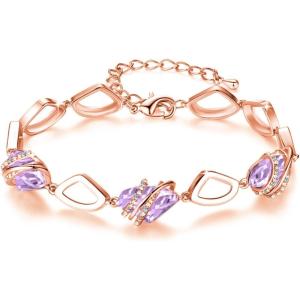 Leafael Wish Stone Link Charm Bracelet with Birthstone Crystals, Rose Gold Plated or Silver-tone, 7″+2″(206-June Crystal-Alexandrite Light Purple-Rose Gold Plated)