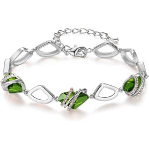 Leafael Wish Stone Link Charm Bracelet with Birthstone Crystals, Rose Gold Plated or Silver-tone, 7″+2″(208-August Crystal-Peridot Green-Silvertone)
