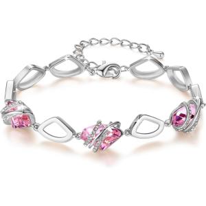Leafael Wish Stone Link Charm Bracelet with Birthstone Crystals, Rose Gold Plated or Silver-tone, 7″+2″(210-October Crystal-Vintage Pink-Silvertone)