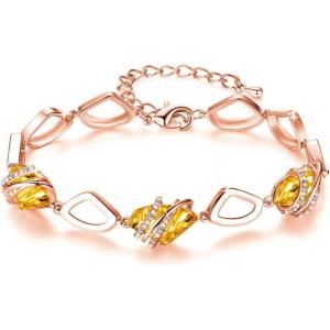 Leafael Wish Stone Link Charm Bracelet with Birthstone Crystals, Rose Gold Plated or Silver-tone, 7″+2″(211-November – Citrine Yellow-Rose Gold Plated)