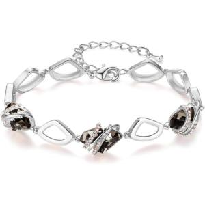 Leafael Wish Stone Link Charm Bracelet with Birthstone Crystals, Rose Gold Plated or Silver-tone, 7″+2″(212-Silver Black Crystal-Silvertone)