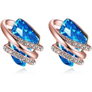 Leafael Wish Stone Stud Earrings with Birthstone Crystals, 18K Rose Gold Plated or Silver-tone(103-March December-Aquamarine Blue-Rose Gold Plated)