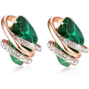Leafael Wish Stone Stud Earrings with Birthstone Crystals, 18K Rose Gold Plated or Silver-tone(105-May Birthstone-Emerald Green-Rose Gold Plated)