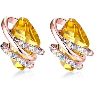 Leafael Wish Stone Stud Earrings with Birthstone Crystals, 18K Rose Gold Plated or Silver-tone(111-November-Citrine Yellow-Rose Gold Plated)
