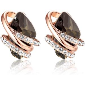 Leafael Wish Stone Stud Earrings with Birthstone Crystals, 18K Rose Gold Plated or Silver-tone(112-Silver Black Crystal-Rose Gold Plated)