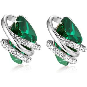 Leafael Wish Stone Stud Earrings with Birthstone Crystals, 18K Rose Gold Plated or Silver-tone(205-May-Emerald Green-Silvertone)