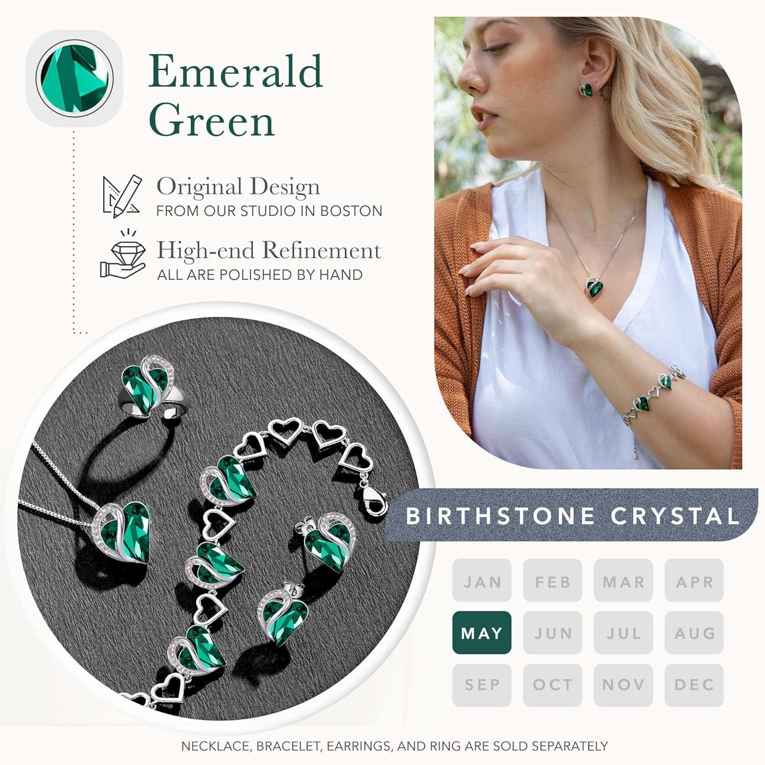 imageLeafael Mothers Day Gifts Necklace Set for Women Infinity Love Birthstone Heart Pendant with Matching Earrings and Bracelet for Mom and Wife Silver Plated05SetMayEmerald Green