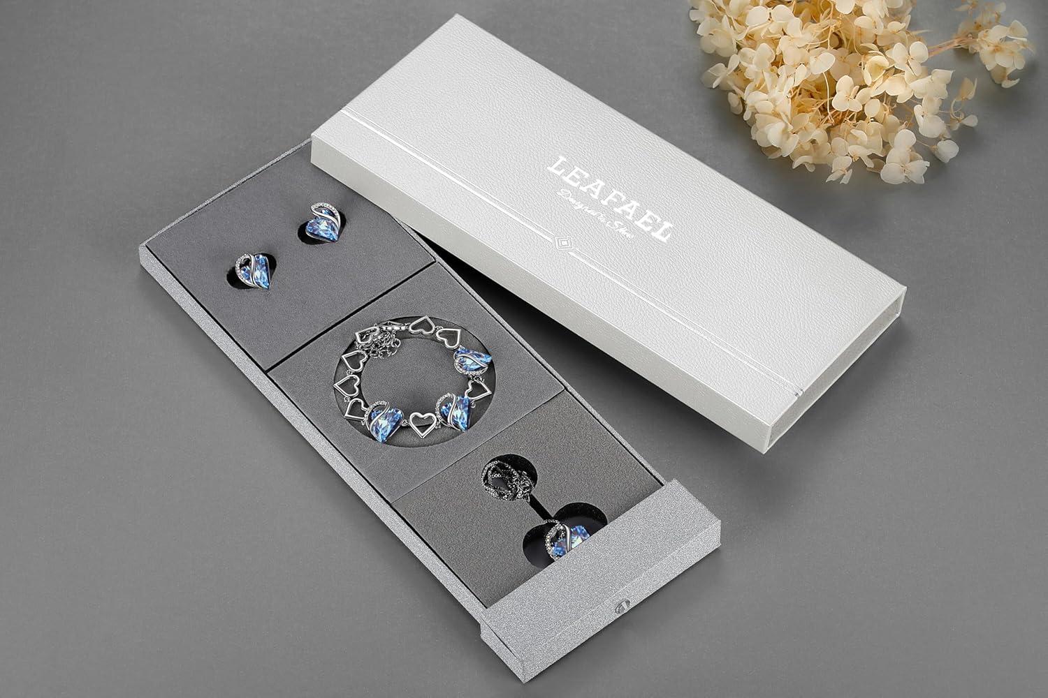 imageLeafael Mothers Day Gifts Necklace Set for Women Infinity Love Birthstone Heart Pendant with Matching Earrings and Bracelet for Mom and Wife Silver Plated03SetMarch DecemberLight Sapphire Blue