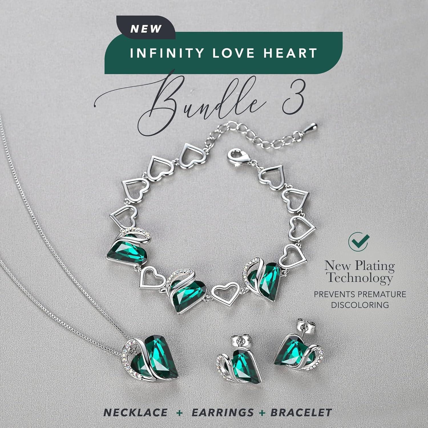 imageLeafael Mothers Day Gifts Necklace Set for Women Infinity Love Birthstone Heart Pendant with Matching Earrings and Bracelet for Mom and Wife Silver Plated05SetMayEmerald Green