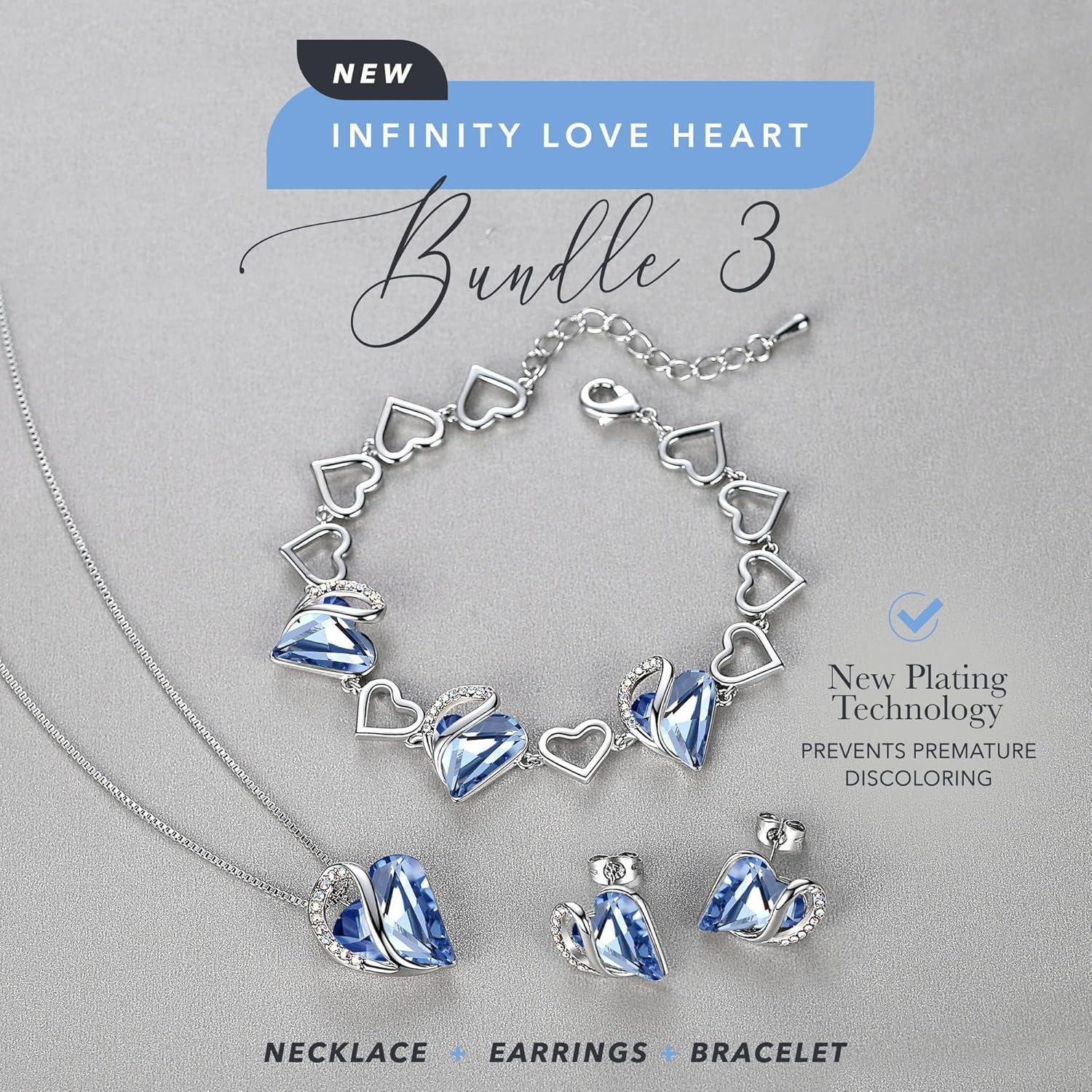 imageLeafael Mothers Day Gifts Necklace Set for Women Infinity Love Birthstone Heart Pendant with Matching Earrings and Bracelet for Mom and Wife Silver Plated03SetMarch DecemberLight Sapphire Blue