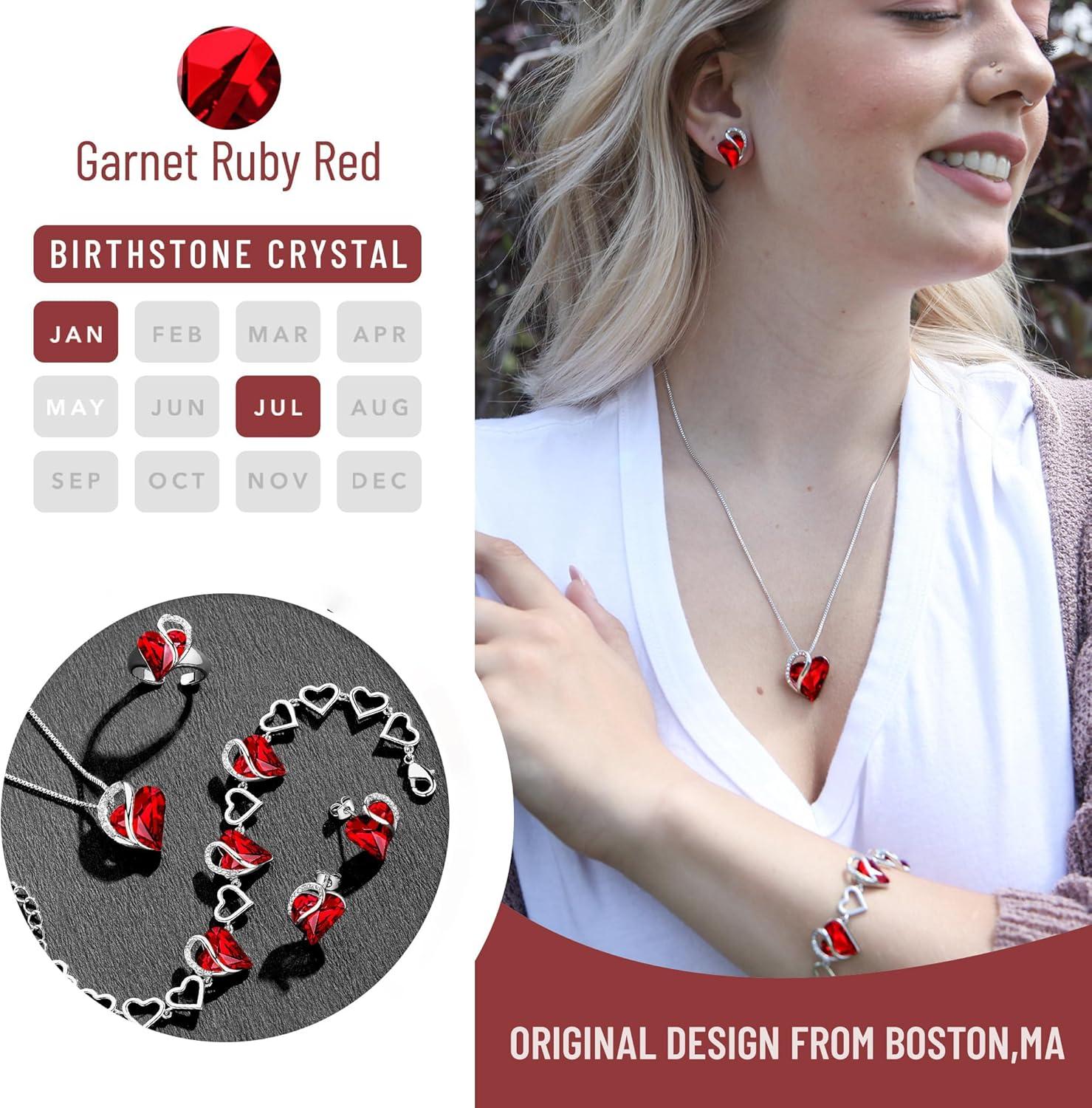 imageLeafael Mothers Day Gifts Necklace Set for Women Infinity Love Birthstone Heart Pendant with Matching Earrings and Bracelet for Mom and Wife Silver Plated01SetJanuary JulySiam Ruby Red