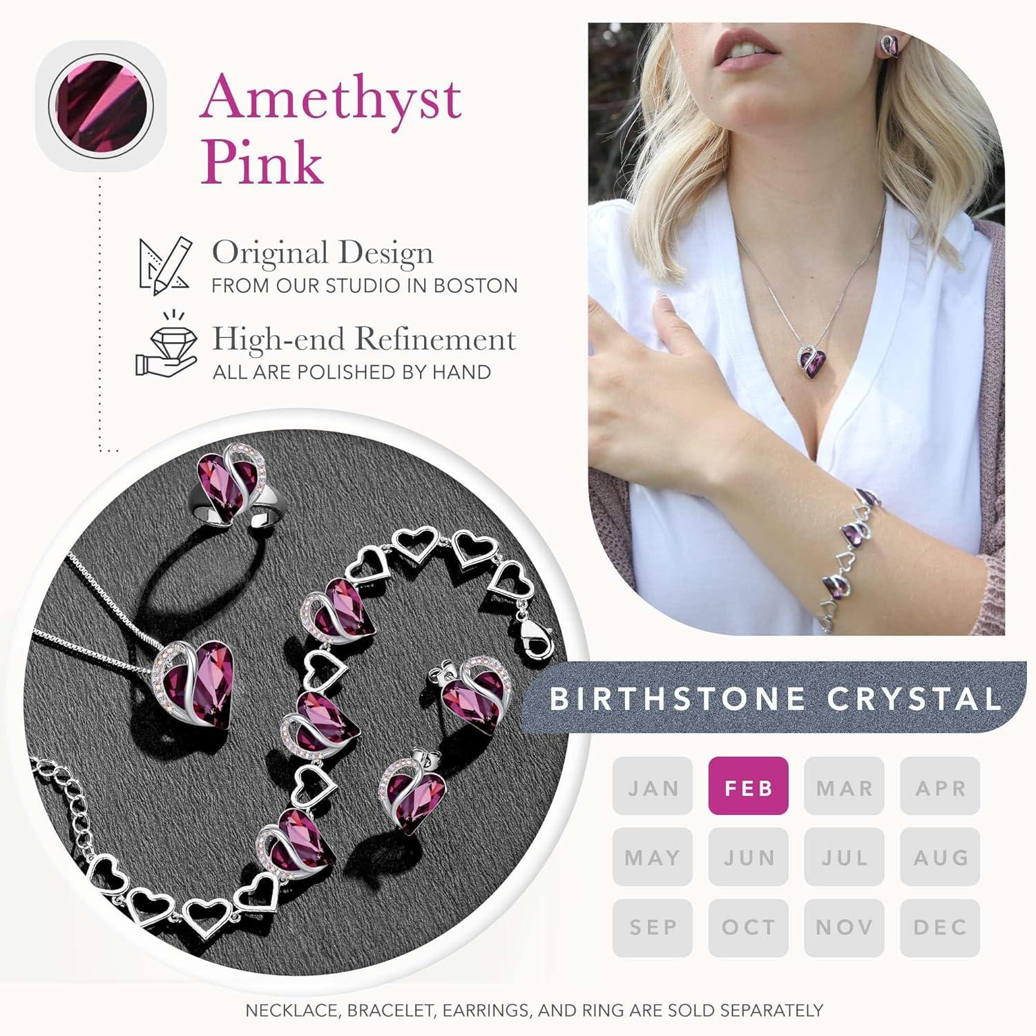 imageLeafael Mothers Day Gifts Necklace Set for Women Infinity Love Birthstone Heart Pendant with Matching Earrings and Bracelet for Mom and Wife Silver Plated02aSetFebruaryAmethyst Pink