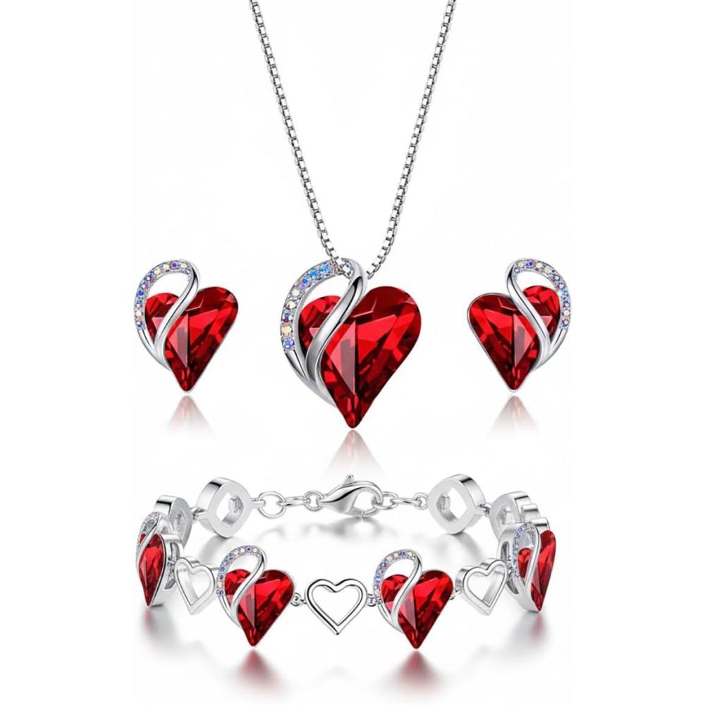 imageLeafael Mothers Day Gifts Necklace Set for Women Infinity Love Birthstone Heart Pendant with Matching Earrings and Bracelet for Mom and Wife Silver Plated01SetJanuary  JulySiam Ruby Red