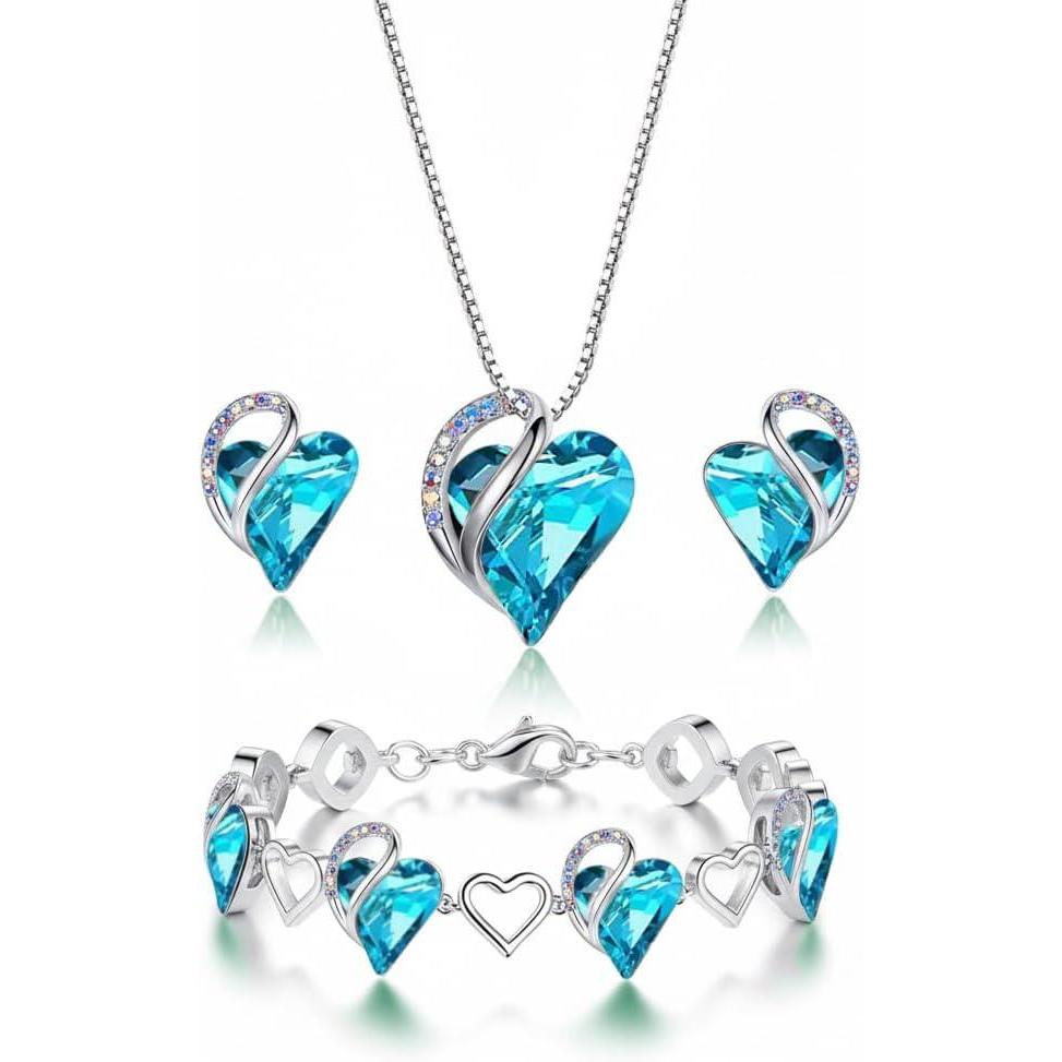 imageLeafael Mothers Day Gifts Necklace Set for Women Infinity Love Birthstone Heart Pendant with Matching Earrings and Bracelet for Mom and Wife Silver Plated12SetDecemberAquamarine Blue