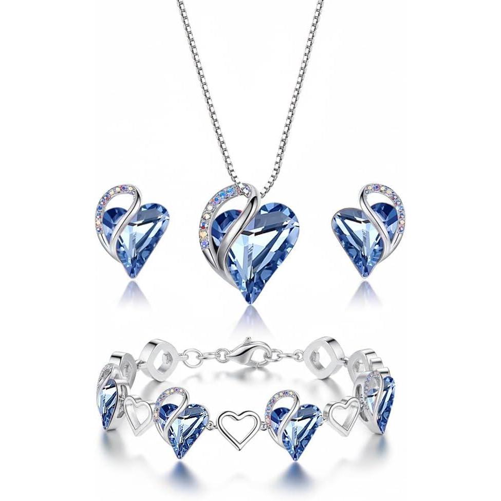 imageLeafael Mothers Day Gifts Necklace Set for Women Infinity Love Birthstone Heart Pendant with Matching Earrings and Bracelet for Mom and Wife Silver Plated03SetMarch  DecemberLight Sapphire Blue