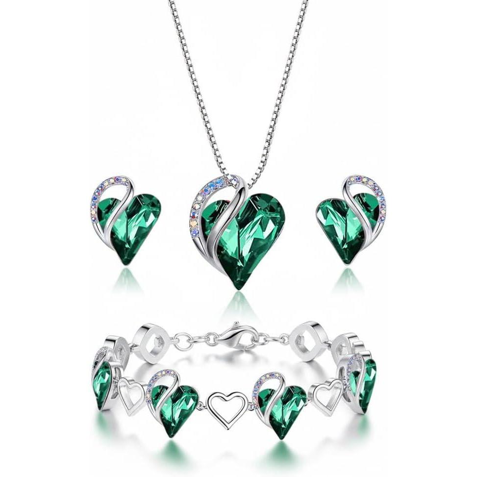 imageLeafael Mothers Day Gifts Necklace Set for Women Infinity Love Birthstone Heart Pendant with Matching Earrings and Bracelet for Mom and Wife Silver Plated05SetMayEmerald Green