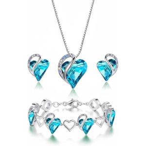 Leafael Mothers Day Gifts Necklace Set for Women, Infinity Love Birthstone Heart Pendant with Matching Earrings and Bracelet, for Mom and Wife, Silver Plated(12-Set-December-Aquamarine Blue)