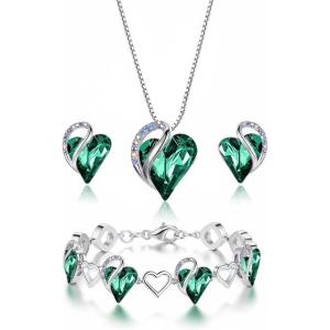 Leafael Mothers Day Gifts Necklace Set for Women, Infinity Love Birthstone Heart Pendant with Matching Earrings and Bracelet, for Mom and Wife, Silver Plated(05-Set-May-Emerald Green)