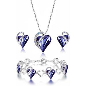Leafael Mothers Day Gifts Necklace Set for Women, Infinity Love Birthstone Heart Pendant with Matching Earrings and Bracelet, for Mom and Wife, Silver Plated(02b-Set-February-Tanzanite Purple)
