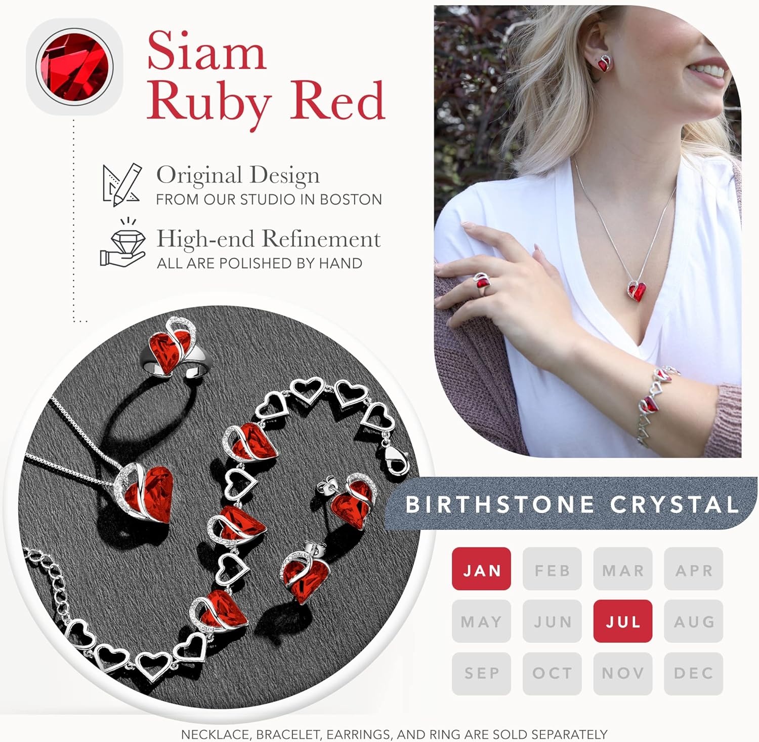 imageLeafael Infinity Love Heart Gift Bracelet for Women Birthstone or Healing Stone Crystal Silver Tone 7inch Chain and 2inch Extender01January JulySiam Ruby Red