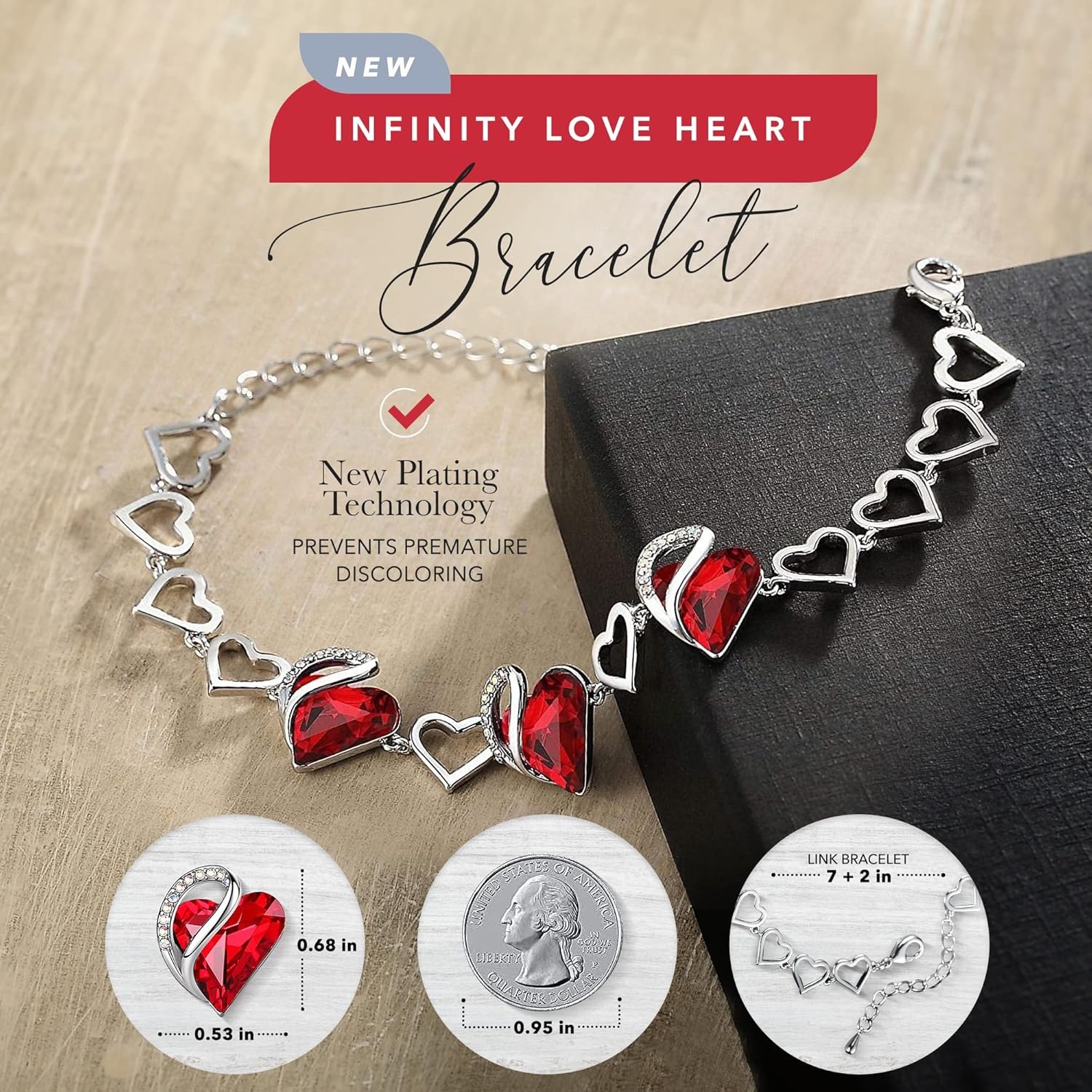imageLeafael Infinity Love Heart Gift Bracelet for Women Birthstone or Healing Stone Crystal Silver Tone 7inch Chain and 2inch Extender01January JulySiam Ruby Red